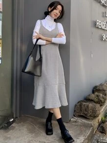 DAZY 1pc Houndstooth Print Ruffle Hem Pinafore Dress - Black and White - View 3