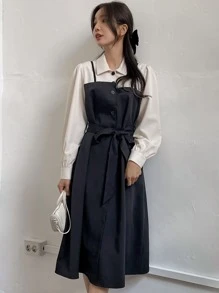 DAZY 二合一撞色腰帶襯衫連衣裙 - 黑與白 - 查看 4