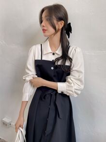 DAZY 二合一撞色腰帶襯衫連衣裙 - 黑與白 - 查看 5