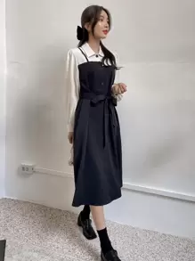 DAZY 二合一撞色腰帶襯衫連衣裙 - 黑與白 - 查看 6