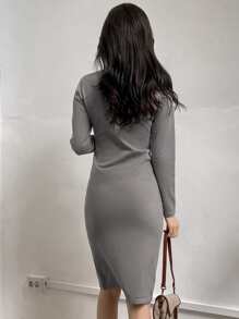 DAZY 前收褶素色毛衣裙 - 灰色 - 查看 2