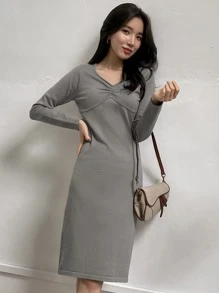 DAZY 前收褶素色毛衣裙 - 灰色 - 查看 3