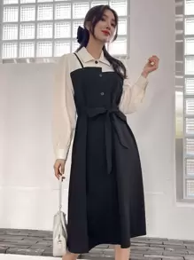 DAZY 二合一撞色腰帶襯衫連衣裙 - 黑與白 - 查看 8