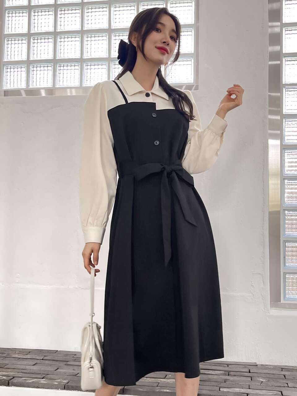 2 In 1 Colorblock Belted Shirt Dress,Fall Clothes Long Sleeve Dress