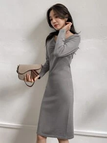 DAZY 前收褶素色毛衣裙 - 灰色 - 查看 4