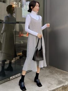 DAZY 1pc Houndstooth Print Ruffle Hem Pinafore Dress - Black and White - View 5