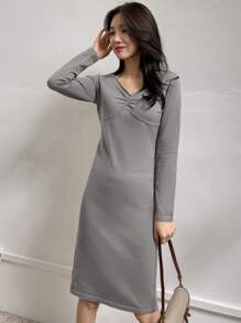 DAZY 前收褶素色毛衣裙 - 灰色 - 查看 5