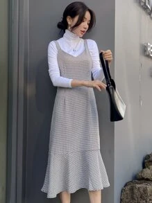 DAZY 1pc Houndstooth Print Ruffle Hem Pinafore Dress - Black and White - View 6