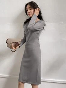 DAZY 前收褶素色毛衣裙 - 灰色 - 查看 6