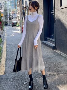 DAZY 1pc Houndstooth Print Ruffle Hem Pinafore Dress - Black and White - View 7