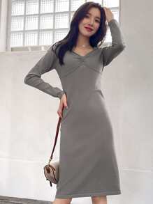 DAZY 前收褶素色毛衣裙 - 灰色 - 查看 8