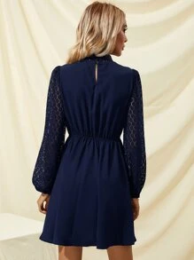 SHEIN Frenchy Solid Eyelet Lace Dress - Navy Blue - View 2