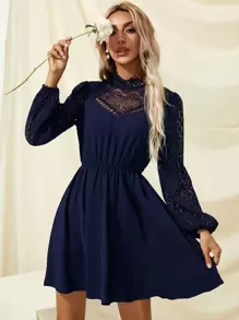 SHEIN Frenchy Solid Eyelet Lace Dress - Navy Blue - View 3