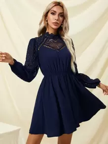 SHEIN Frenchy Solid Eyelet Lace Dress - Navy Blue - View 5