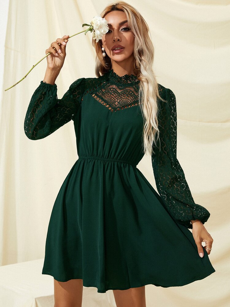 SHEIN Frenchy Solid Eyelet Lace Dress - Dark Green - View 3
