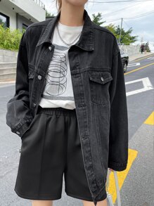 DAZY Drop Shoulder Flap Pocket Denim Jacket,Back To School Clothes - Dark Grey - View 6