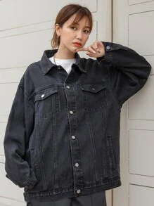 DAZY Drop Shoulder Flap Pocket Denim Jacket,Back To School Clothes - Dark Grey - View 7