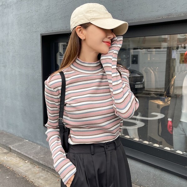 

Colorful Striped Mock Neck Tee, Multicolor