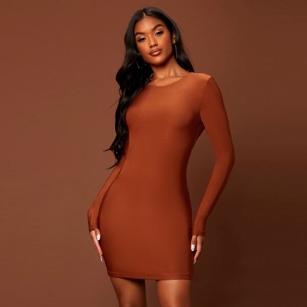 

Solid Bodycon Dress, Rust brown