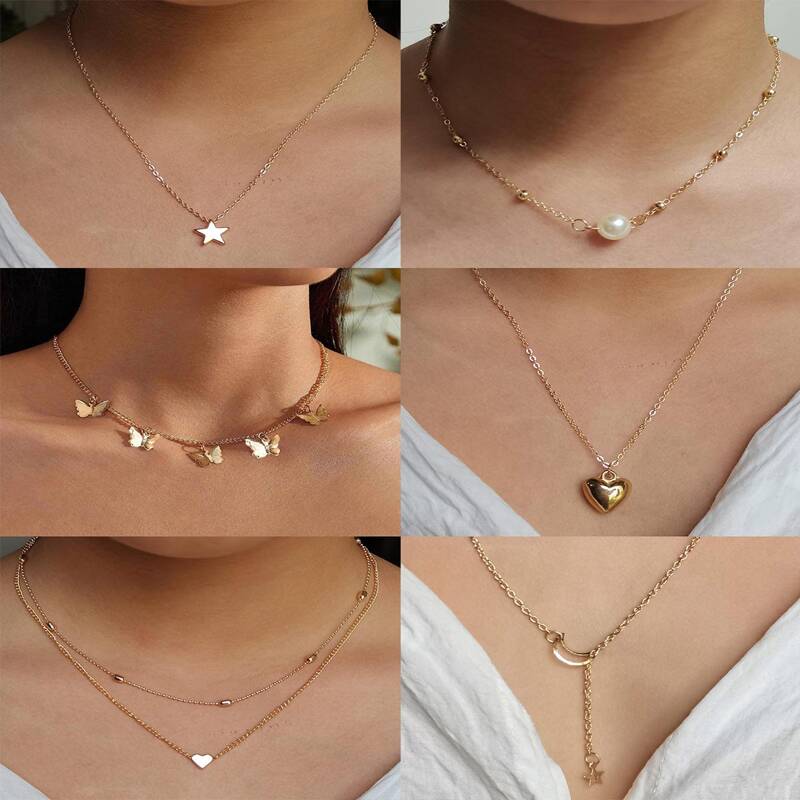 

6pcs Heart Decor Chain Necklace, Gold
