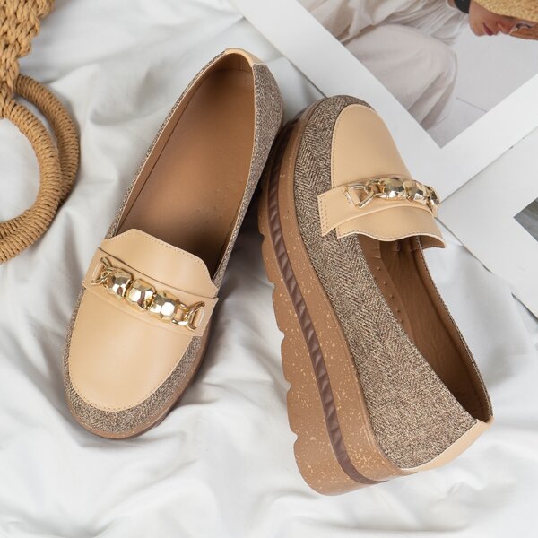 

Two Tone Metal Decor Wedge Loafers, Apricot