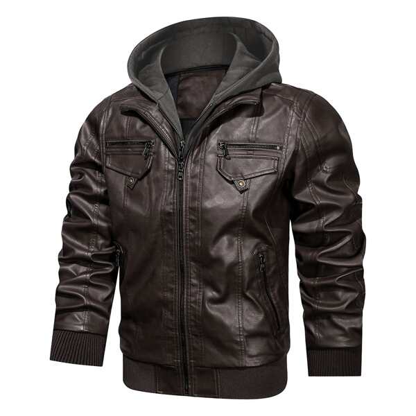 

Men Zip Pocket Hooded PU Leather Jacket, Chocolate brown