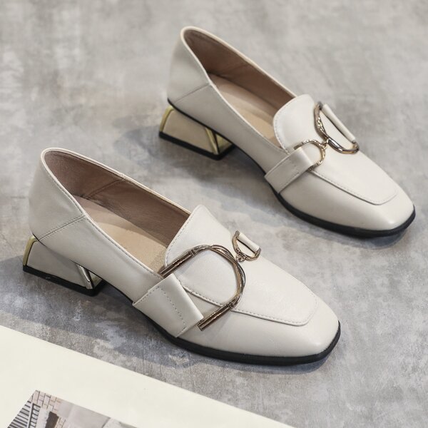 

Metal Decor Square Toe Chunky Loafers, Beige