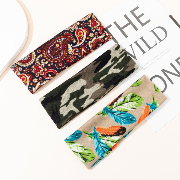 

3pcs Camo & Paisley Pattern Hair Band, Multicolor