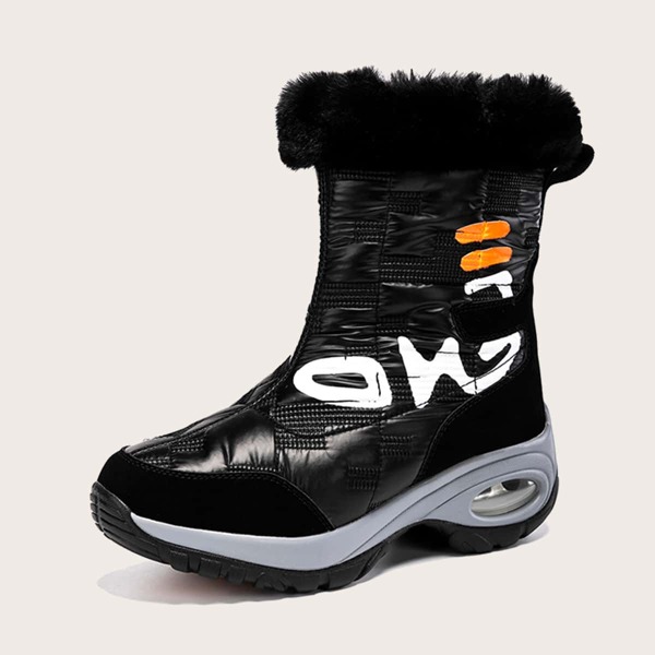 

Letter Graphic Fluffy Snow Boots, Black
