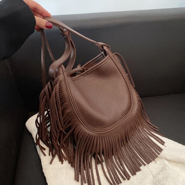 

Fringe Decor Shoulder Bag, Coffee brown