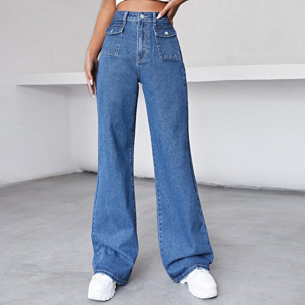 

High Waist Flap Pocket Flare Leg Jeans, Medium wash