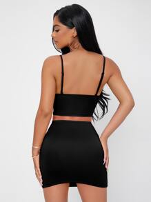 SHEIN PETITE Conjunto Top corto de tirantes unicolor & Falda ajustada - Negro - Ver 2