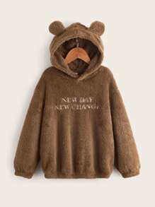 SHEIN 青少年男孩字母刺绣落肩泰迪卫衣 - 咖啡棕 - 查看 1