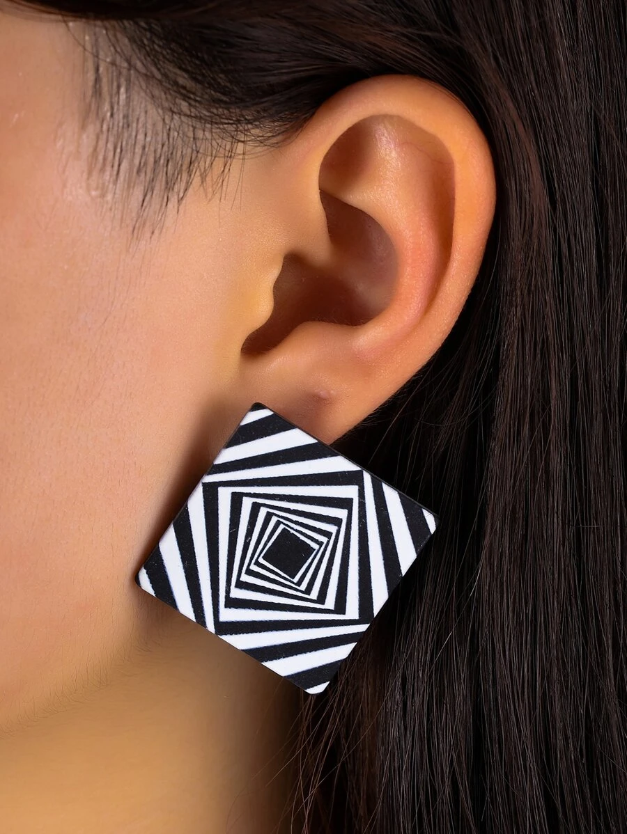 Geo Decor Stud Earrings - Black and White - View 1