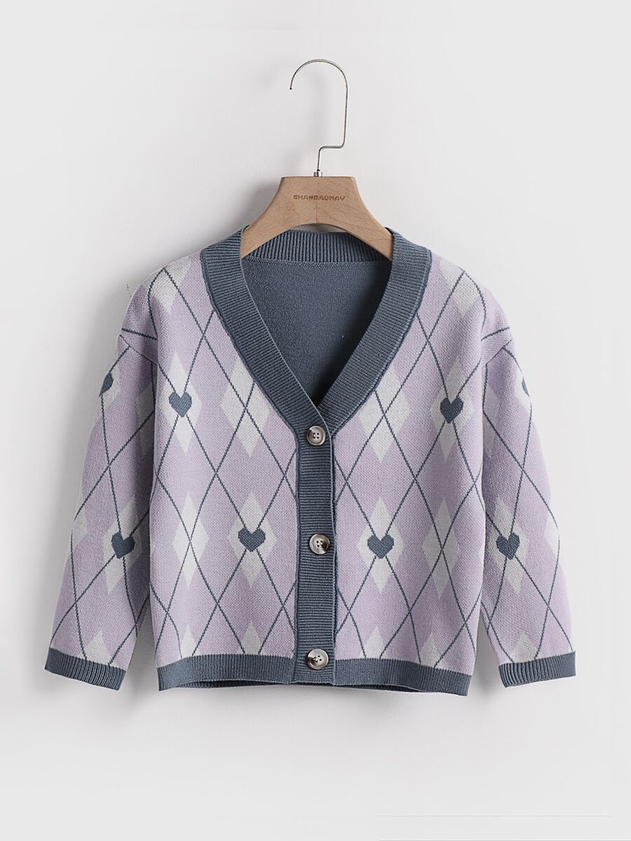Toddler Girls Heart & Argyle Pattern Drop Shoulder Cardigan - Lilac Purple - View 1