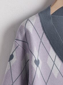 Toddler Girls Heart & Argyle Pattern Drop Shoulder Cardigan - Lilac Purple - View 4