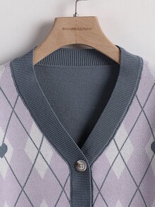 Toddler Girls Heart & Argyle Pattern Drop Shoulder Cardigan - Lilac Purple - View 6