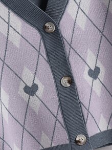 Toddler Girls Heart & Argyle Pattern Drop Shoulder Cardigan - Lilac Purple - View 7