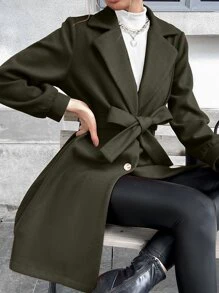 素色西裝領單排釦腰帶花呢外套 - 軍綠色 - 查看 1