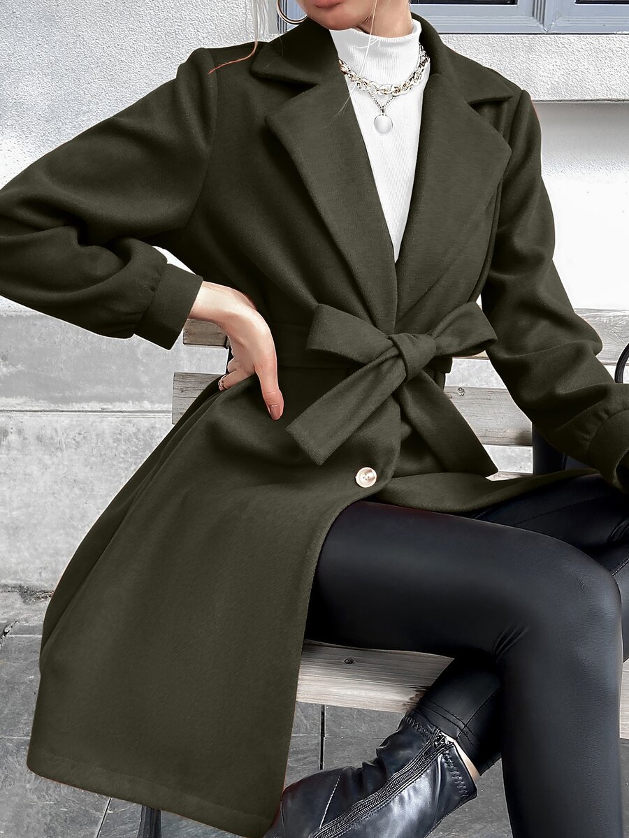 素色西裝領單排釦腰帶花呢外套 - 軍綠色 - 查看 1