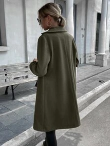 素色西裝領單排釦腰帶花呢外套 - 軍綠色 - 查看 2