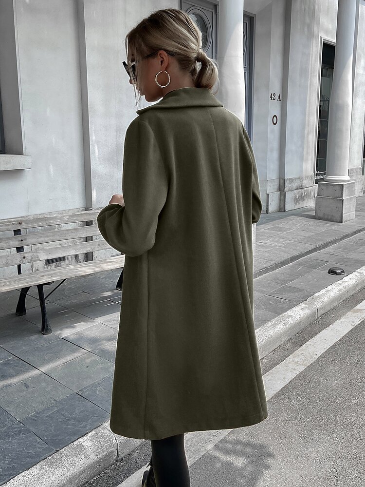 素色西裝領單排釦腰帶花呢外套 - 軍綠色 - 查看 2