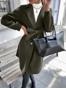 素色西裝領單排釦腰帶花呢外套 - 軍綠色 - 查看 3