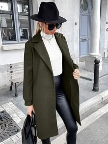 素色西裝領單排釦腰帶花呢外套 - 軍綠色 - 查看 5