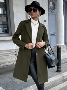 素色西裝領單排釦腰帶花呢外套 - 軍綠色 - 查看 6