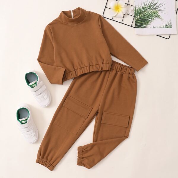 

Toddler Girls Mock Neck Pullover & Flap Pocket Sweatpants, Brown