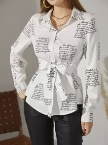 SHEIN LUNE Slogan Graphic Tie Front Blouse - White - View 1
