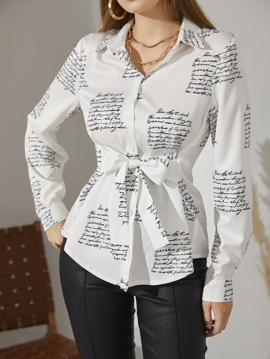 SHEIN LUNE Slogan Graphic Tie Front Blouse - White - View 1