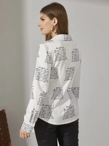 SHEIN LUNE Slogan Graphic Tie Front Blouse - White - View 2