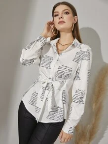 SHEIN LUNE Slogan Graphic Tie Front Blouse - White - View 3